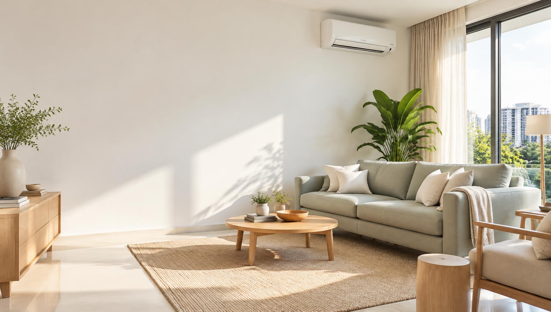 Bright Singapore living room with a wall-mounted air conditioner
